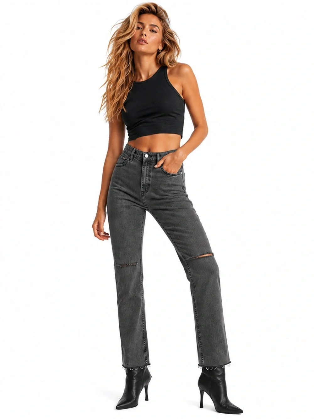 Zara Join Life Grey Distressed High Rise Straight Leg Jeans NWT - Picture 3 of 8